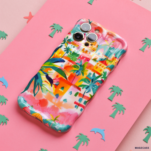 The Wavy Phone Case - Portofino Dreams by Coconut Lane, featuring a vibrant and colorful design adorned with tropical-themed drawings of palm trees, buildings, and abstract patterns, sits on a pink surface. This extra protective Italian seaside design is set against a background sprinkled with small cutouts of green palm trees and a blue dolphin.