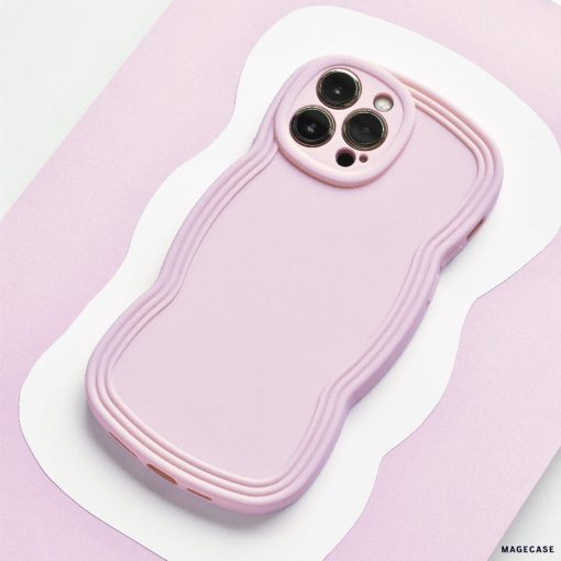 A NAKD Curvy Phone Case - Blueberry by Coconut Lane with a wavy, textured design is shown from the back. The lightweight case has precise cutouts for the camera lenses and buttons. The background features a light pink and white abstract pattern.