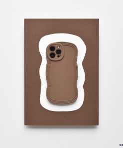 Displayed on a card featuring an abstract white wavy shape on a brown background, the NAKD Curvy Phone Case - Coffee by Coconut Lane is a lightweight and highly protective case with wavy edges. This minimalist design uses neutral tones, making it perfect for those who value both style and functionality in their Curvy Phone Cases.