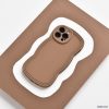 A lightweight, brown NAKD Curvy Phone Case - Coffee from Coconut Lane with a wavy design lies on a flat, brown and white, wavy-edged surface. The case has precise cutouts for the camera lenses and appears highly protective. The background contrasts with the NAKD Curvy Phone Case, highlighting its unique shape and design.