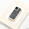 A smartphone encased in the Curvy Phone Case - Cream from Coconut Lane is set against a white and beige abstract background. The phone's rear camera, featuring multiple lenses, is visible, and the Apple logo can faintly be seen through the design on the back of the iPhone 15 case.