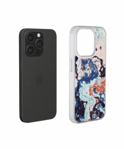 Clear phone case extend view; Blue Marble 1 pattern, artistic, abstract marble pattern. Pink and blue color combination.