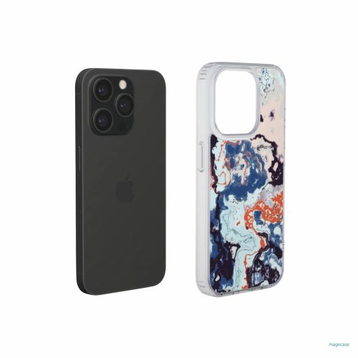 Clear phone case extend view; Blue Marble 1 pattern, artistic, abstract marble pattern. Pink and blue color combination.