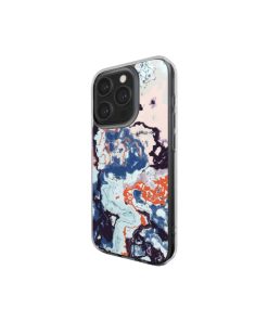 Clear phone case side view; Blue Marble 1 pattern, artistic, abstract marble pattern. Pink and blue color combination.