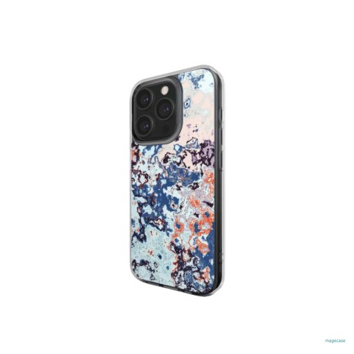 Clear phone case side view; Blue Marble 2 pattern, artistic, abstract marble pattern. Blue and red color combination.