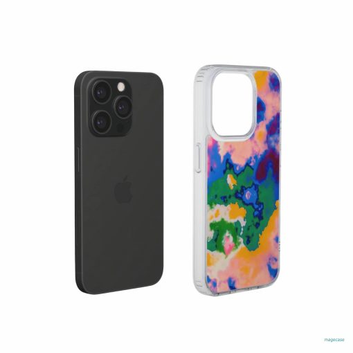 Clear phone case extend view; Brazil 1 pattern, artistic, abstract marble pattern. Orange, green and blue color combination.