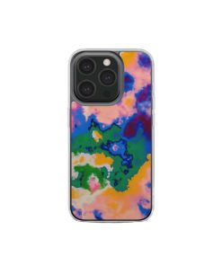 Clear phone case front view; Brazil 1 pattern, artistic, abstract marble pattern. Orange, green and blue color combination. Bold expressive aesthetic design. Colorful and interior fit. Elegant.