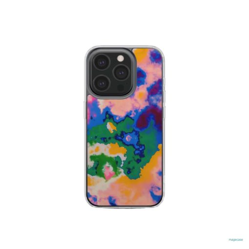 Clear phone case front view; Brazil 1 pattern, artistic, abstract marble pattern. Orange, green and blue color combination. Bold expressive aesthetic design. Colorful and interior fit. Elegant.