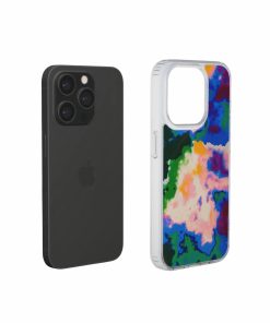 Clear phone case extend view; Brazil 2 pattern, artistic, abstract marble pattern. Blue, green and orange color combination. 