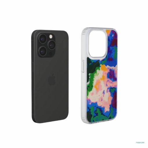 Clear phone case extend view; Brazil 2 pattern, artistic, abstract marble pattern. Blue, green and orange color combination.