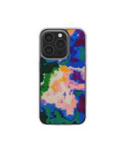 Clear phone case front view; Brazil 2 pattern, artistic, abstract marble pattern. Blue, green and orange color combination.  Bold expressive aesthetic design. Colorful and interior fit. Elegant.