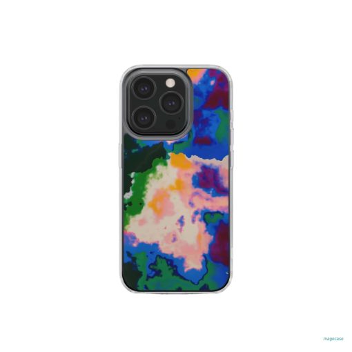 Clear phone case front view; Brazil 2 pattern, artistic, abstract marble pattern. Blue, green and orange color combination.  Bold expressive aesthetic design. Colorful and interior fit. Elegant.