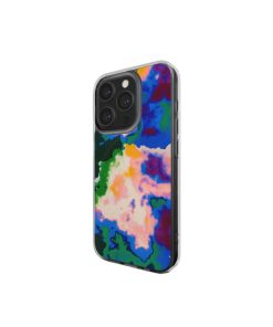Clear phone case side view; Brazil 2 pattern, artistic, abstract marble pattern. Blue, green and orange color combination.
