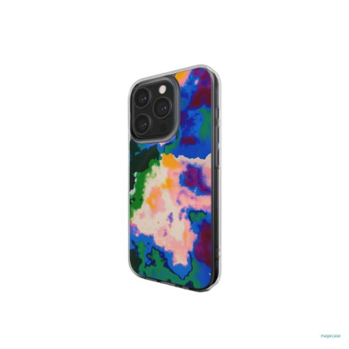 Clear phone case side view; Brazil 2 pattern, artistic, abstract marble pattern. Blue, green and orange color combination.