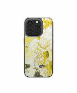 Clear phone case front view; Citron 1 pattern, artistic, abstract marble pattern. Yellow and white color combination. Bold expressive aesthetic design. Colorful and interior fit. Elegant.