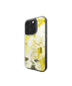 Clear phone case side view; Citron 1 pattern, artistic, abstract marble pattern. Yellow and white color combination.
