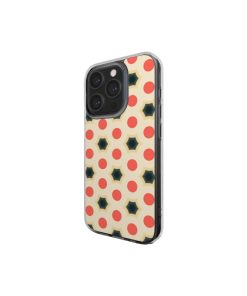 Clear phone case side view; clown add 1 pattern, artistic, ornamental kaleidoscope pattern. Red and beige color combination.