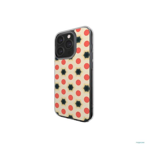 Clear phone case side view; clown add 1 pattern, artistic, ornamental kaleidoscope pattern. Red and beige color combination.