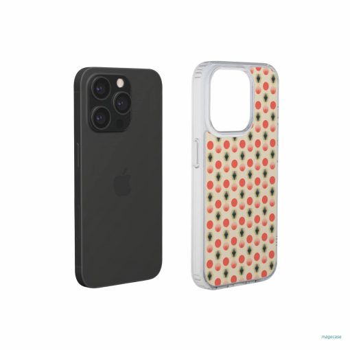 Clear phone case extend view; clown add 2 pattern, artistic, ornamental kaleidoscope pattern. Red and beige color combination.