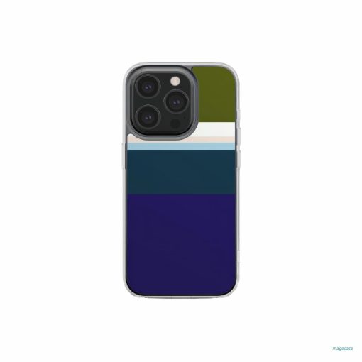Clear phone case Color Blocks 1 pattern design with a color blocks, featuring an elegant and expressive aesthetic design. Main colors are khaki, navy blue, deep marine, light blue and pink. Front view.