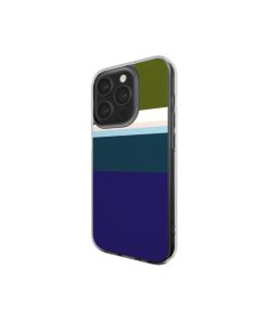 Clear phone case Color Blocks 1 pattern design with a color blocks, featuring an elegant and expressive aesthetic design. Main colors are khaki, navy blue, deep marine, light blue and pink. Side view.