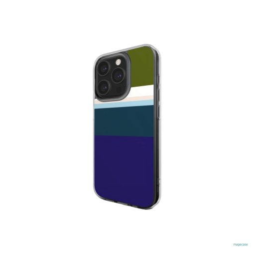 Clear phone case Color Blocks 1 pattern design with a color blocks, featuring an elegant and expressive aesthetic design. Main colors are khaki, navy blue, deep marine, light blue and pink. Side view.