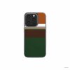 Clear phone case Color Blocks 4 pattern design with a color blocks, featuring an elegant and expressive aesthetic design. Main colors are caramel, chocolate brown, rich green.  Front view.