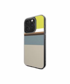 Clear phone case Color Blocks 5 pattern design with a color blocks, featuring an elegant and expressive aesthetic design. Main colors are caramel, chocolate brown, yellow and gray. Side view.
