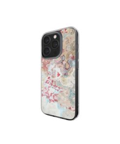 Clear phone case side view; Divine Blue 1 pattern, artistic, abstract marble pattern. Pink, light blue and beige color combination.