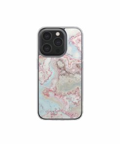 Clear phone case front view; Divine Blue 2 pattern, artistic, abstract marble pattern. Light blue and pink color combination. Bold expressive aesthetic design. Colorful and interior fit. Elegant.