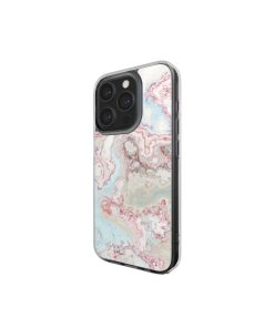 Clear phone case side view; Divine Blue 2 pattern, artistic, abstract marble pattern. Light blue and pink color combination.