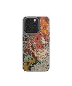 Clear phone case front view; Earth in Flux 1 pattern, artistic, abstract marble pattern. Blue and brick red color combination. Bold expressive aesthetic design. Colorful and interior fit. Elegant.