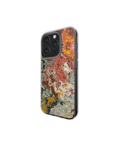 Clear phone case side view; Earth in Flux 1 pattern, artistic, abstract marble pattern. Blue and brick red color combination.