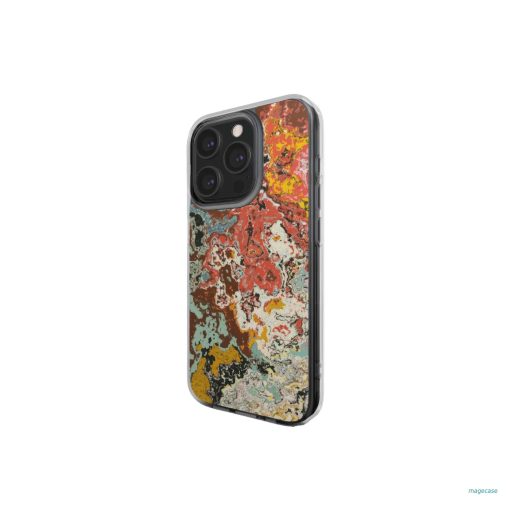Clear phone case side view; Earth in Flux 1 pattern, artistic, abstract marble pattern. Blue and brick red color combination.