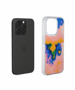 Clear phone case extend view; Electricity 1 pattern, artistic, abstract marble pattern. Blue and orange color combination. 