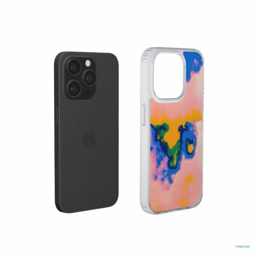 Clear phone case extend view; Electricity 1 pattern, artistic, abstract marble pattern. Blue and orange color combination.