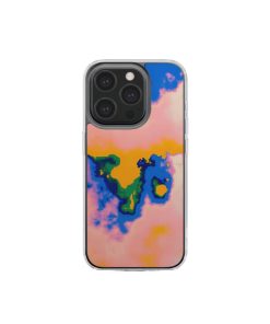 Clear phone case front view; Electricity 1 pattern, artistic, abstract marble pattern. Blue and orange color combination. Bold expressive aesthetic design. Colorful and interior fit. Elegant.