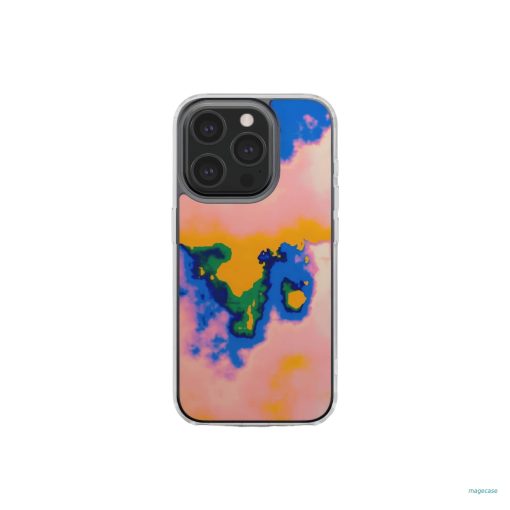 Clear phone case front view; Electricity 1 pattern, artistic, abstract marble pattern. Blue and orange color combination. Bold expressive aesthetic design. Colorful and interior fit. Elegant.