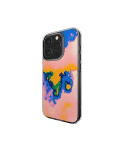 Clear phone case side view; Electricity 1 pattern, artistic, abstract marble pattern. Blue and orange color combination.