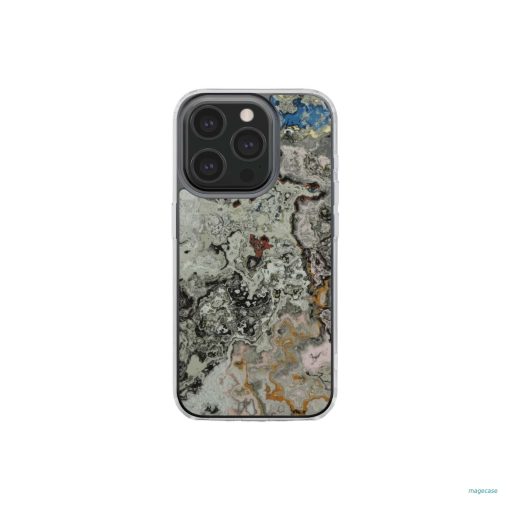 Clear phone case front view; full moon 1 pattern, marble pattern; moon surface imagination. Bold expressive aesthetic design. Colorful and interior fit. Elegant.