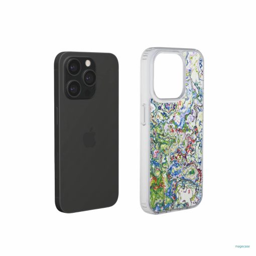 Clear phone case extend view; Inside My Brain 2 pattern, artistic, abstract marble pattern. Blue, green and red color combination.