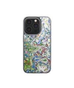 Clear phone case front view; Inside My Brain 2 pattern, artistic, abstract marble pattern. Blue, green and red color combination. Bold expressive aesthetic design. Colorful and interior fit. Elegant.