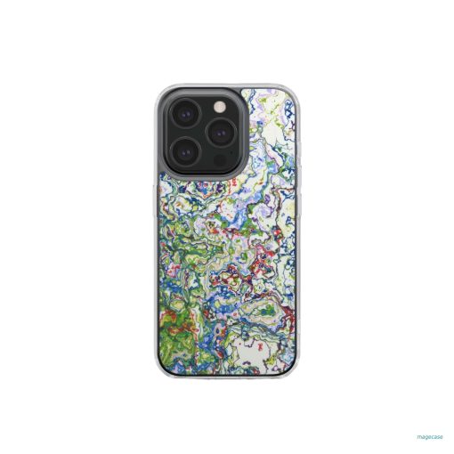 Clear phone case front view; Inside My Brain 2 pattern, artistic, abstract marble pattern. Blue, green and red color combination. Bold expressive aesthetic design. Colorful and interior fit. Elegant.