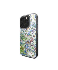 Clear phone case side view; Inside My Brain 2 pattern, artistic, abstract marble pattern. Blue, green and red color combination.