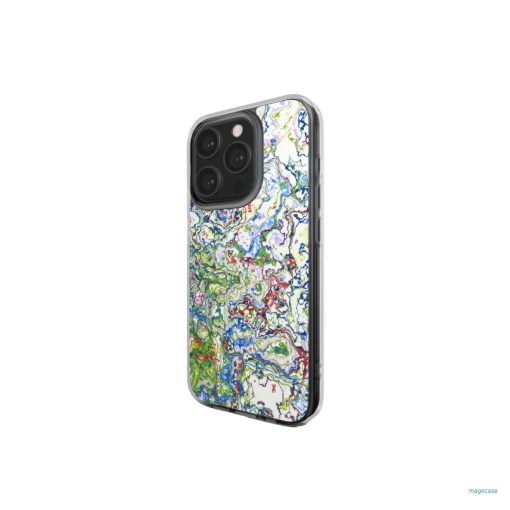 Clear phone case side view; Inside My Brain 2 pattern, artistic, abstract marble pattern. Blue, green and red color combination.