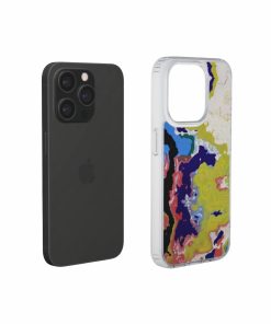 Clear phone case extend view; Jamaica 1 pattern, artistic, abstract marble pattern. Dark blue, yellow and white color combination.