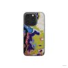 Clear phone case front view; Jamaica 1 pattern, artistic, abstract marble pattern. Dark blue, yellow and white color combination. Bold expressive aesthetic design. Colorful and interior fit. Elegant.