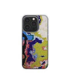 Clear phone case front view; Jamaica 1 pattern, artistic, abstract marble pattern. Dark blue, yellow and white color combination. Bold expressive aesthetic design. Colorful and interior fit. Elegant.