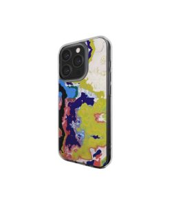 Clear phone case side view; Jamaica 1 pattern, artistic, abstract marble pattern. Dark blue, yellow and white color combination.