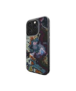 Clear phone case side view; Molten Berries 1 pattern, artistic, abstract marble pattern. Deep purple color.